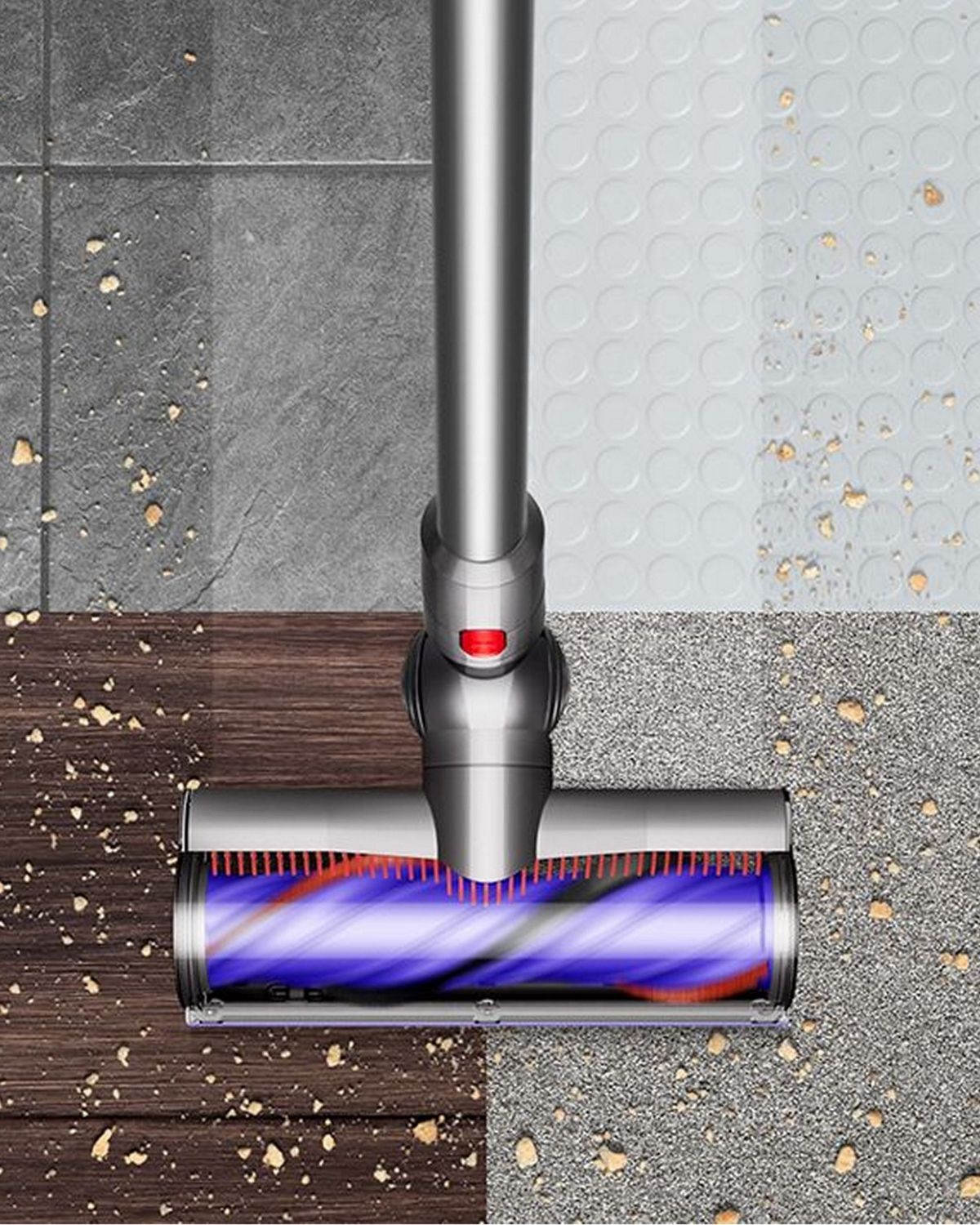 An aerial view of the Dyson V8 motorbar cleaning between a hard floor and carpet.